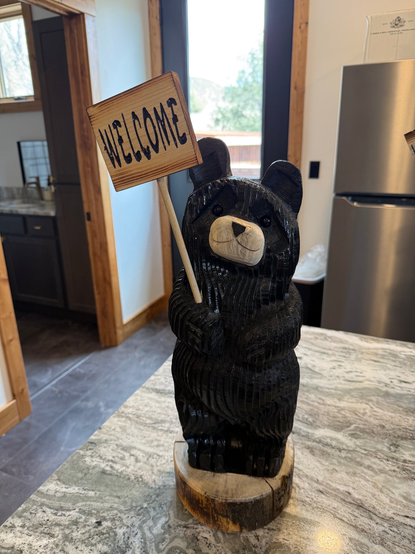 18" Bear Tilted Head Holding Stick Sign