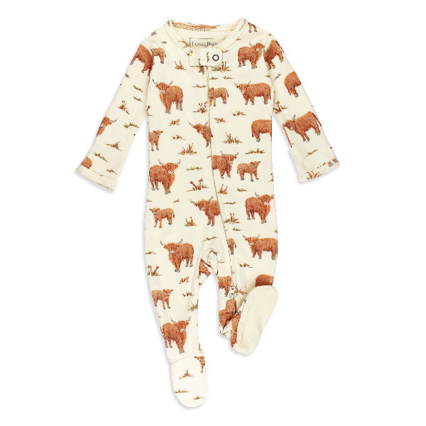 Organic 2-Way Zipper Footie - Highland Cow