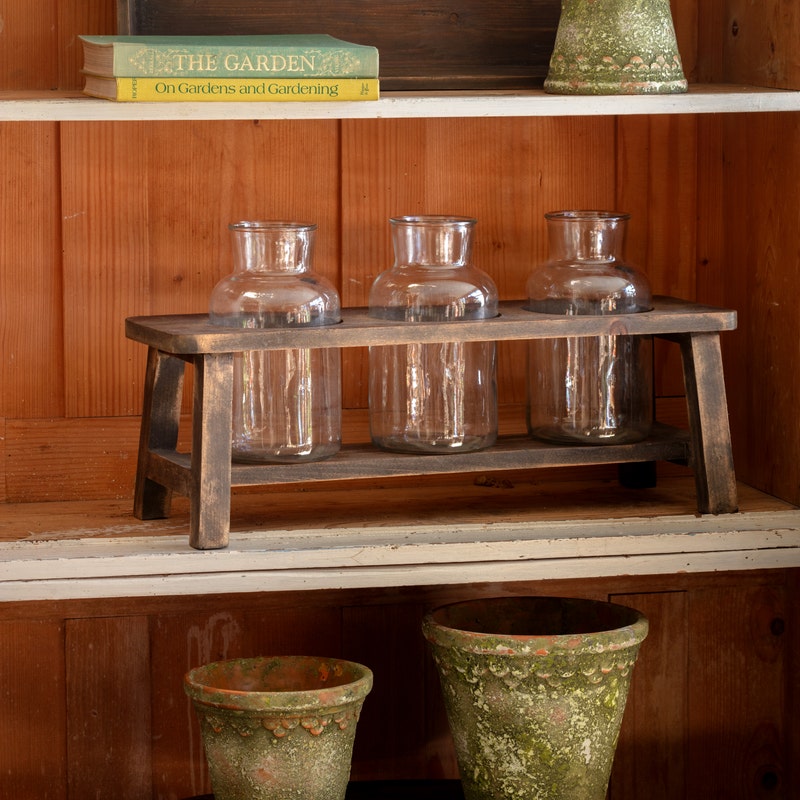 Wooden Flower Stand with 3 Large Bottles
