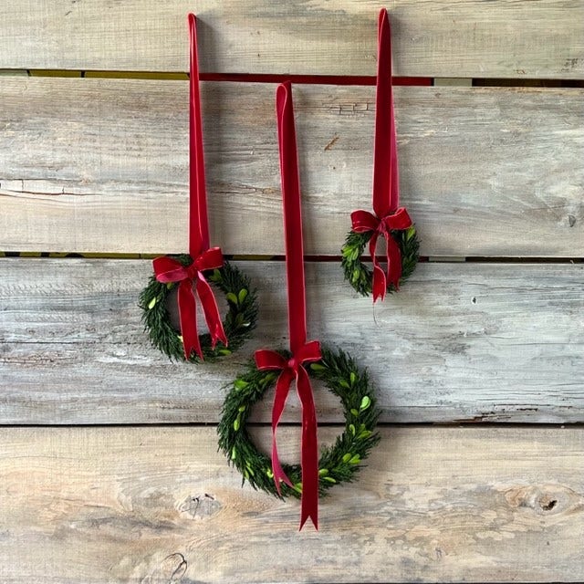Preserved Cedar and Boxwood Wreaths with Burgundy Ribbon