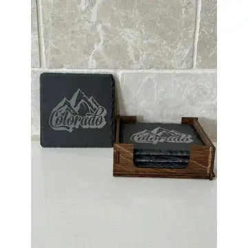 Colorado Mountain Scene Slate Coasters With Wood Stand