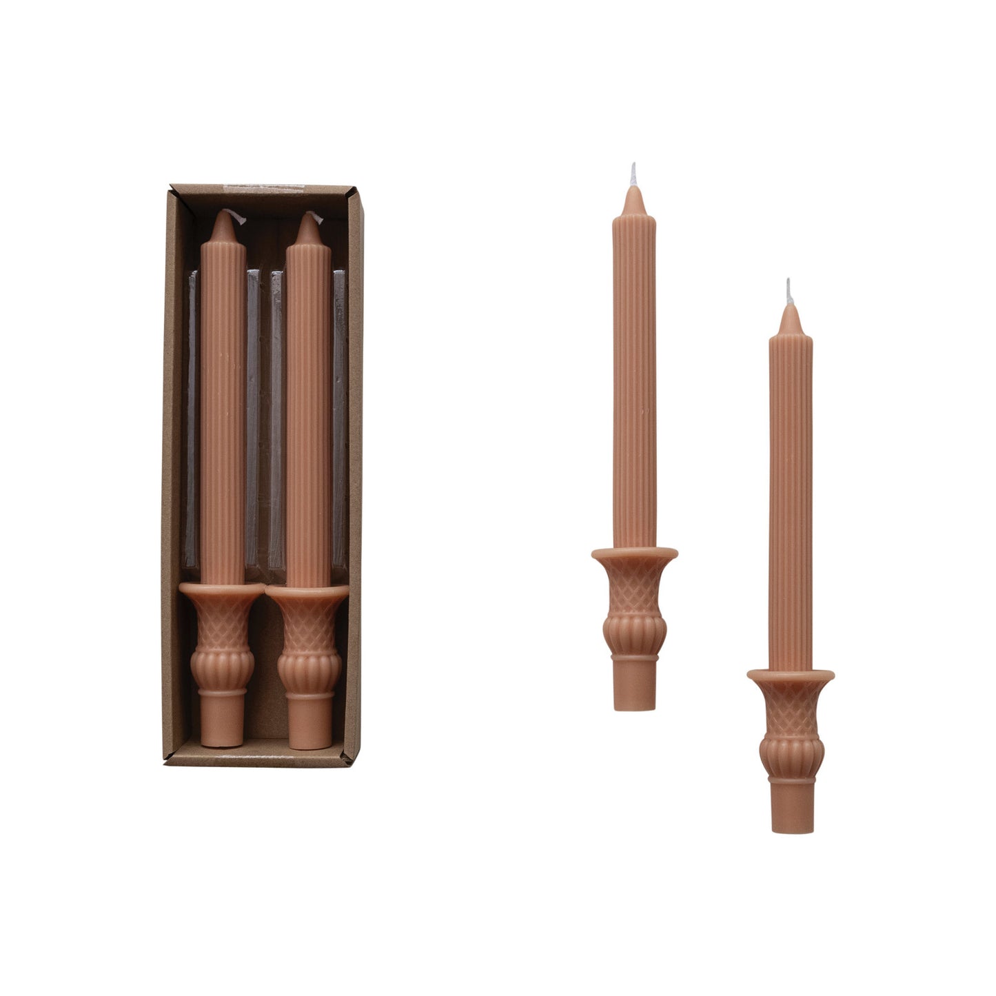 Unscented Pleated Taper Candles w/ Urn Base, Tan Color, Set of 2
