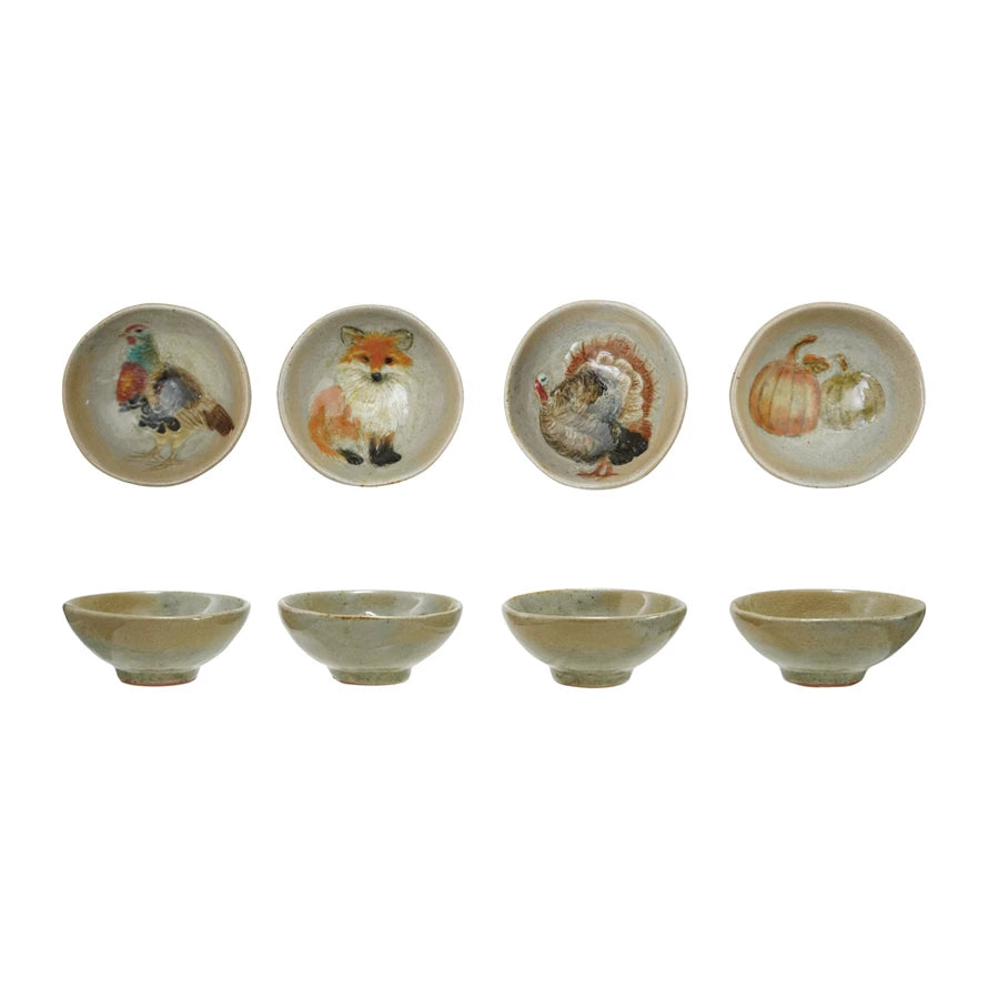 Hand-Painted Stoneware Dish with Animal/Pumpkins, 4 Styles (Each One Will Vary)