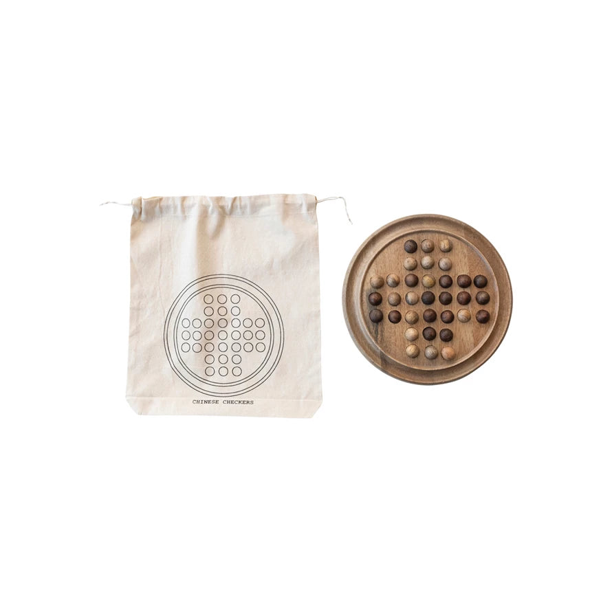 Mango Wood Chinese Checkers, Set of 35 in Printed Drawstring Bag