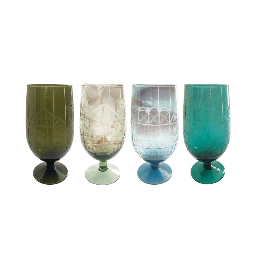 Hand-Blown Etched Recycled Drinking Glass, 4 Colors
