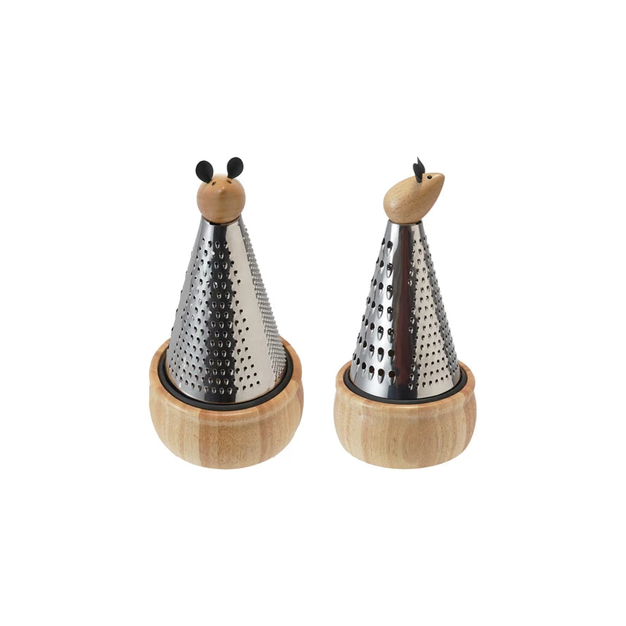 Stainless Steel 3-Sided Grater w/ Mouse Handle & Rubberwood Base, Set of 2