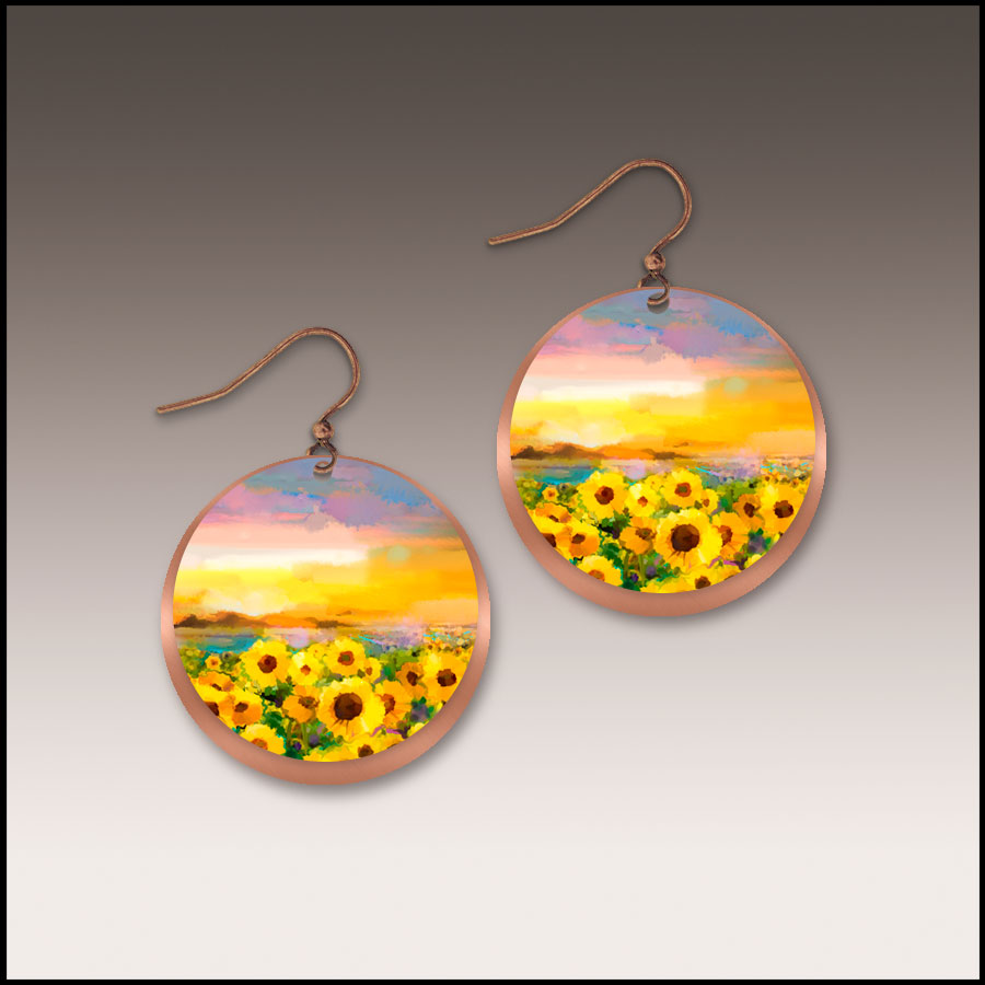 Sunflower Field Copper Halo Disc Earrings