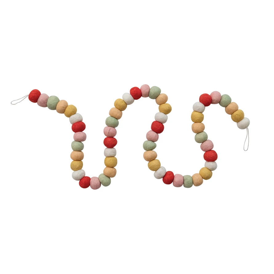72"L x 1-1/2"H Handmade Wool Felt Ball Garland, Multi Color