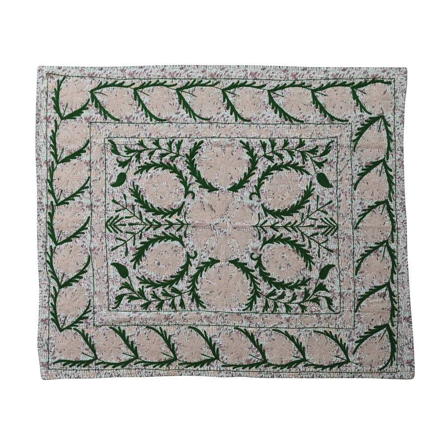 Voile Printed Throw with Suzani Pattern & Hand-Embroidered Kantha Stitch