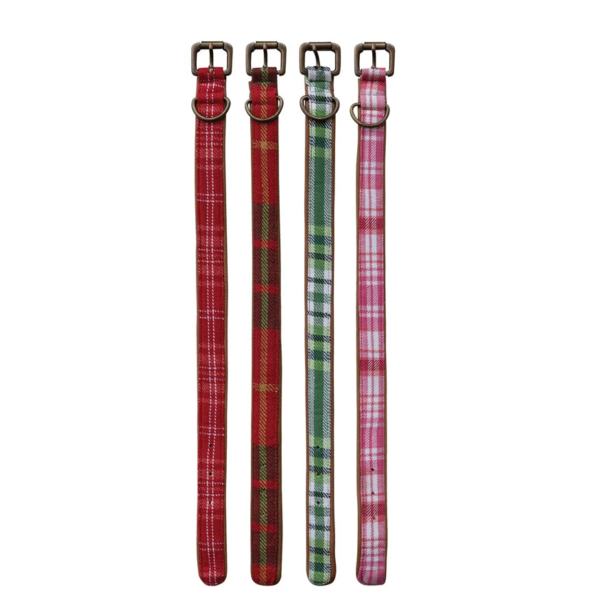 Cotton Flannel & Leather Dog Collar with Metal Buckle, 4 Styles, Small