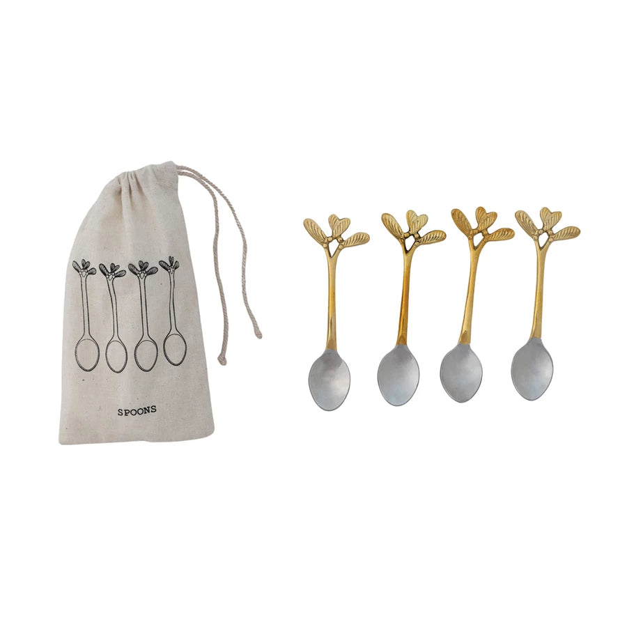 Stainless Steel & Brass Coffee Spoons, Set of 4 in Printed Drawstring Bag