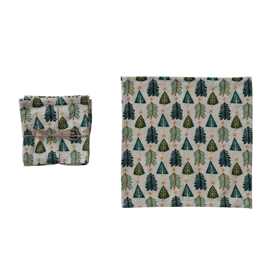Cotton & Linen Printed Cocktail Napkins with Tree Pattern, Set of 4 Tied with Jute ©