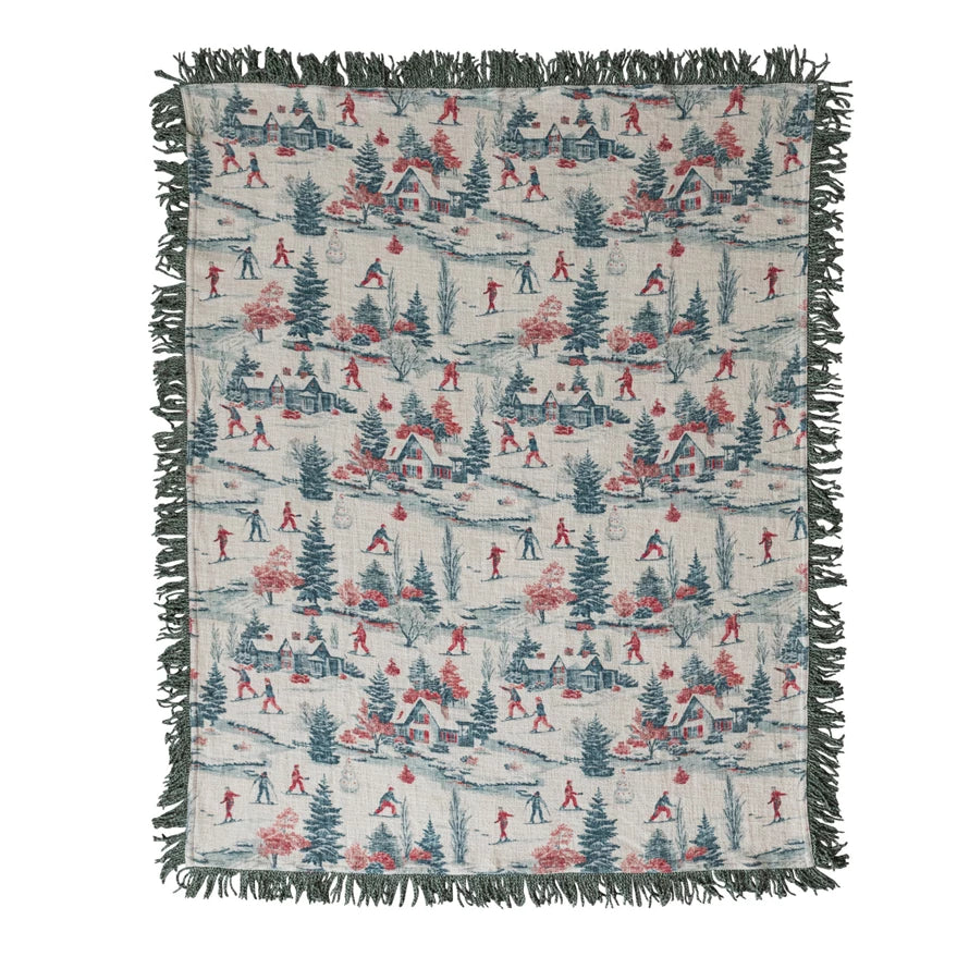 Cotton Slub Printed Throw with Ski Scene & Bullion Fringe
