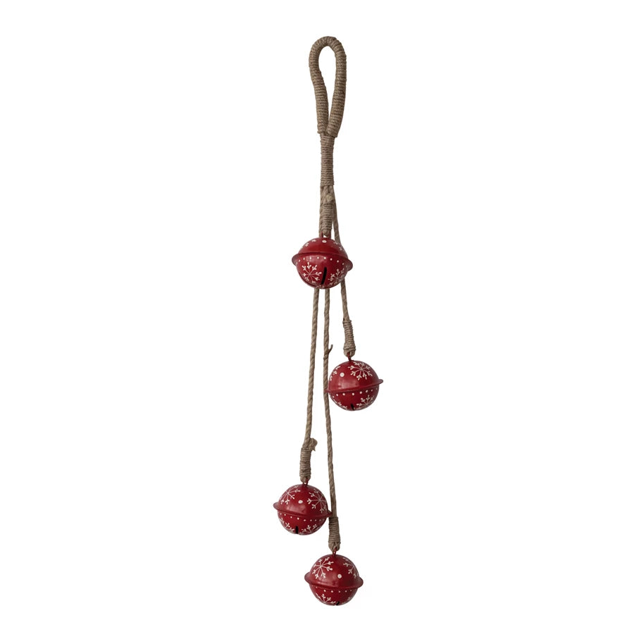 Hand-Painted Hanging Metal Jingle Bells with Snowflakes on Jute Hanger, Red & White