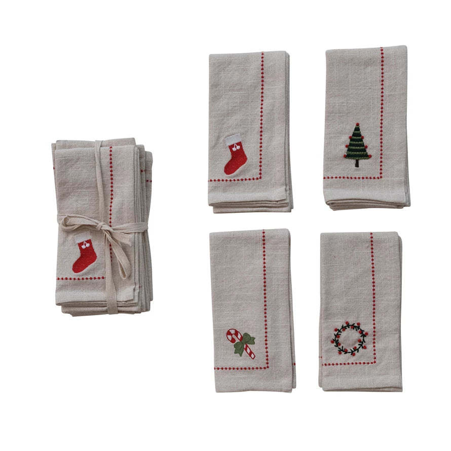 Woven Cotton Napkins with Embroidered Holiday Icons, Set of 4 Tied with Cotton Tape