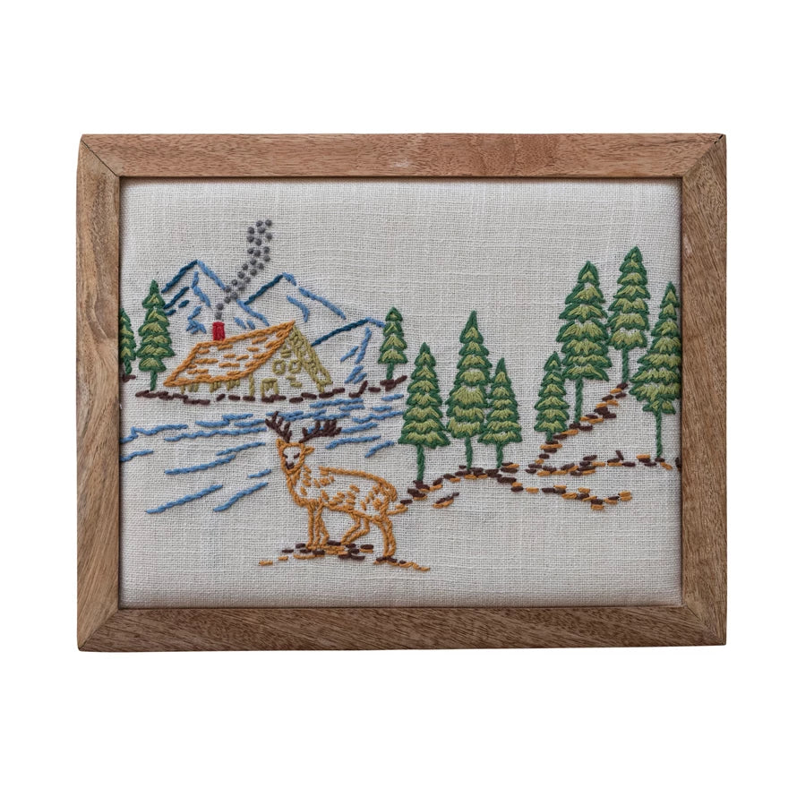 Mango Wood Framed Cotton Embroidered Wall Decor with House, Mountains, Trees & Deer