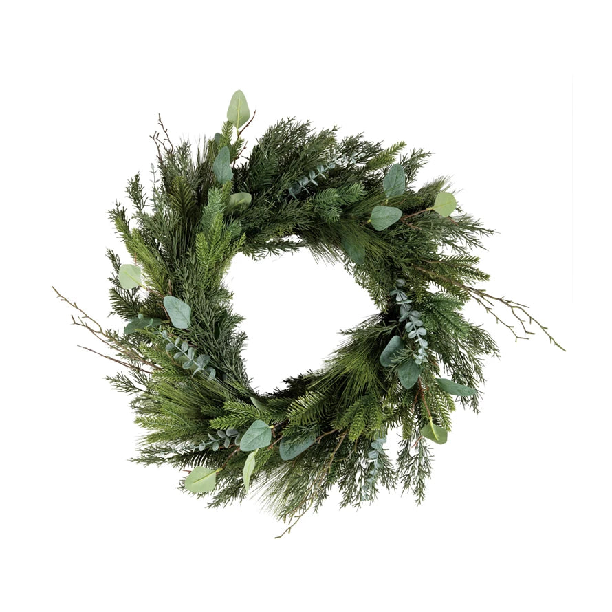 Faux Pine, Eucalyptus & Laurel Wreath with Twigs