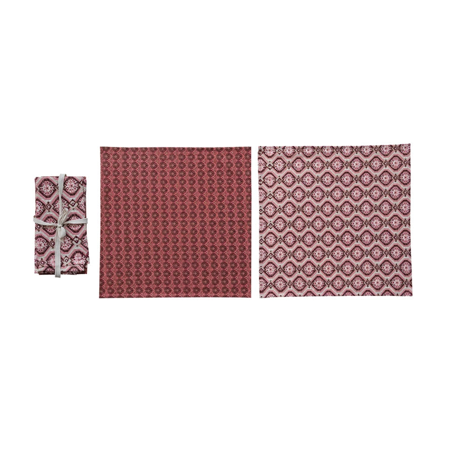 Cotton Block Printed Napkins with Pattern, Set of 4 Tied with Cotton Tape