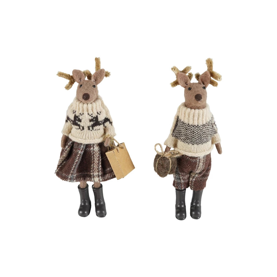Wool Felt Deer in Clothes & Resin Boots with Present, 2 Styles