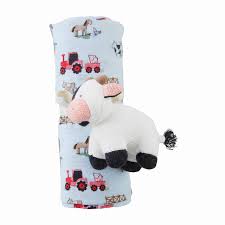BLUE COW SWADDLE AND RATTLE