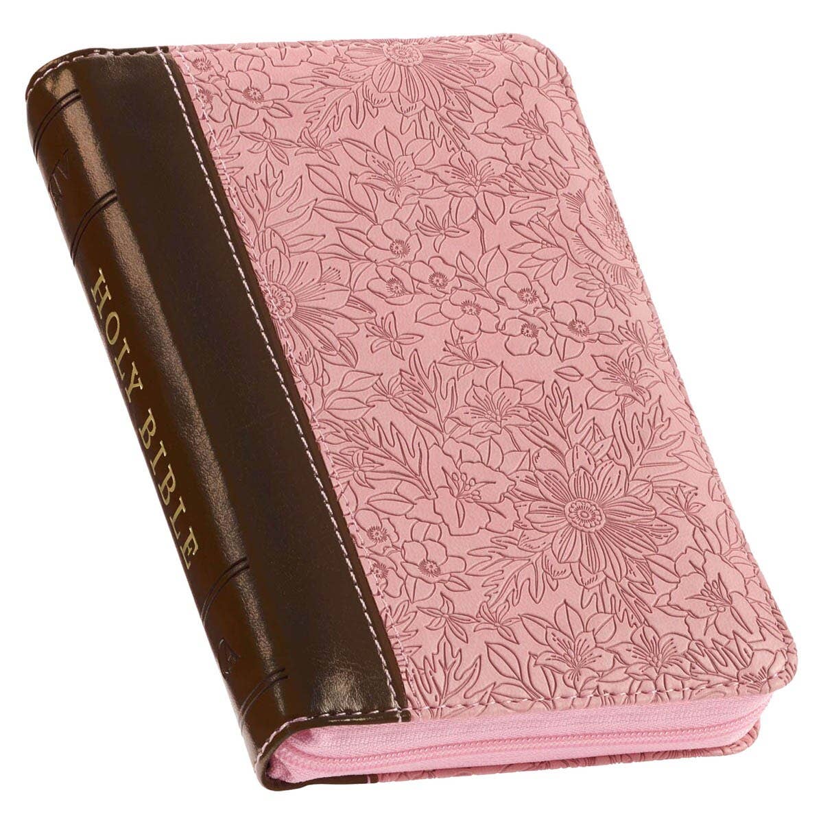 KJV Bible Mini Pocket Faux Leather, Pink/Saddle Tan w/zipper