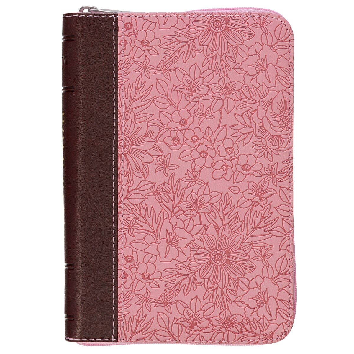 KJV Bible Mini Pocket Faux Leather, Pink/Saddle Tan w/zipper