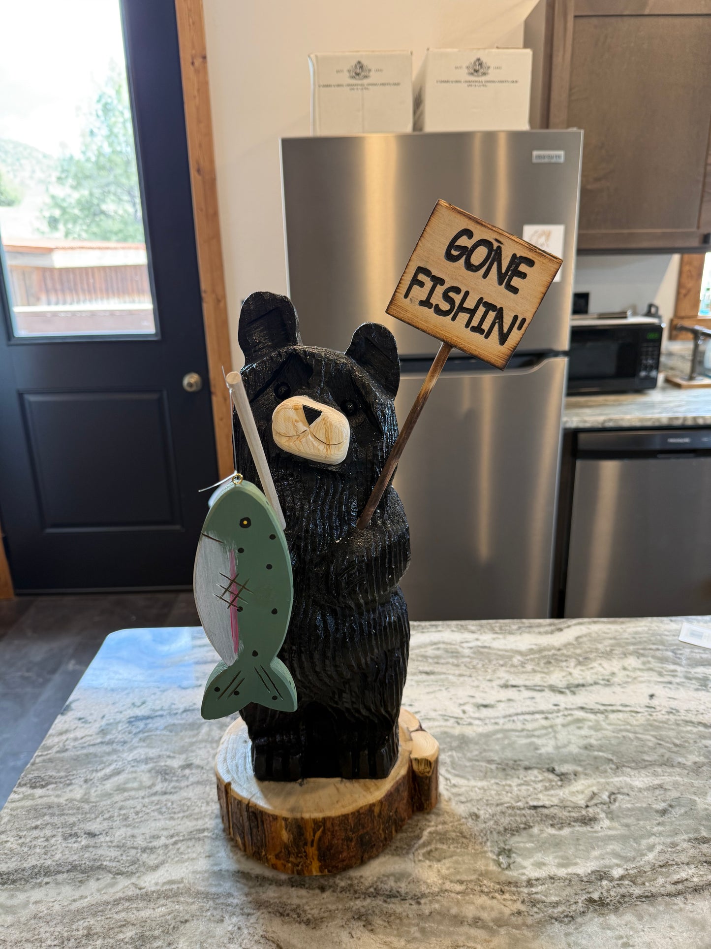 18" Bear Tilted Head Standing Fishing Pole Sign