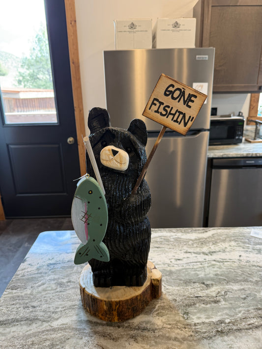 18" Bear Tilted Head Standing Fishing Pole Sign