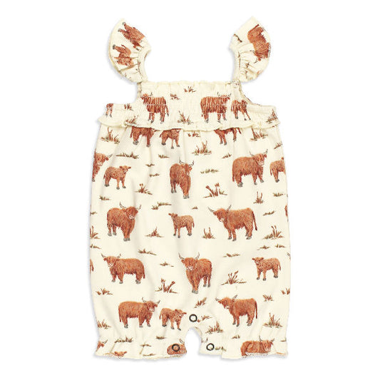 Organic Smocked Bubble Romper - Highland Cow