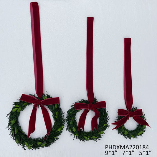 Preserved Cedar and Boxwood Wreaths with Burgundy Ribbon