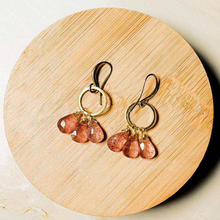 Triple Stone Strawberry Quartz Circle Earring
