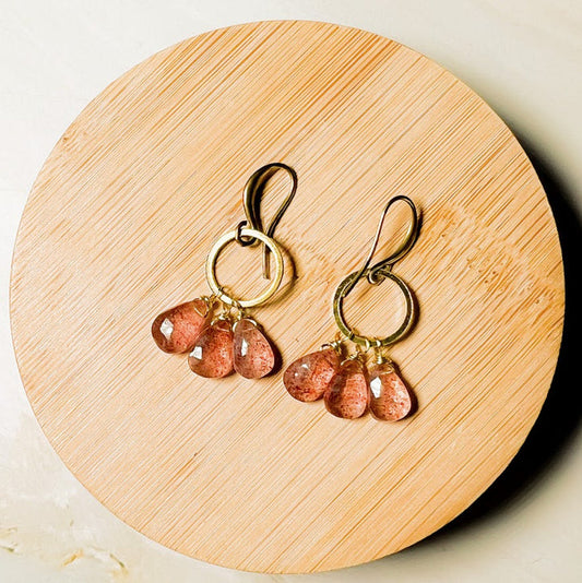 Triple Stone Strawberry Quartz Circle Earring