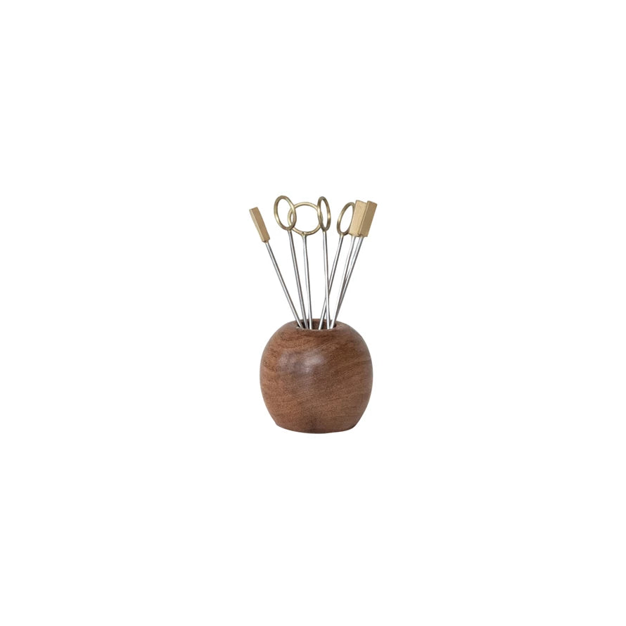 Mango Wood Holder w/ (8) Stainless Steel & Brass Appetizer Picks