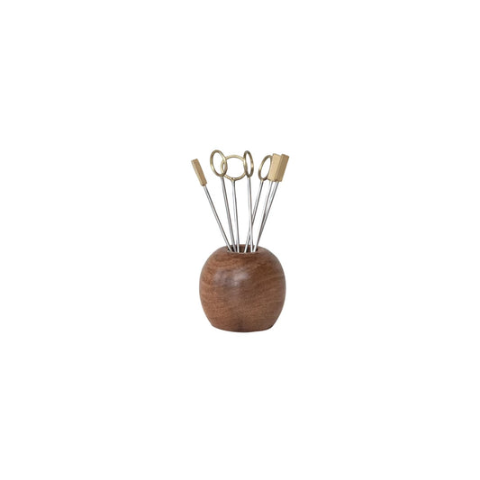 Mango Wood Holder w/ (8) Stainless Steel & Brass Appetizer Picks