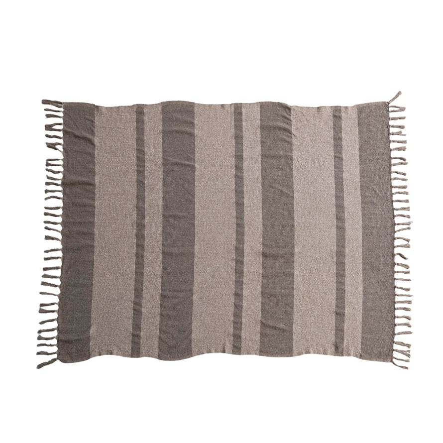 Woven Recycled Cotton Blend Throw w/ Stripes & Fringe, Beige & Brown