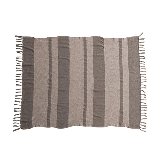 Woven Recycled Cotton Blend Throw w/ Stripes & Fringe, Beige & Brown