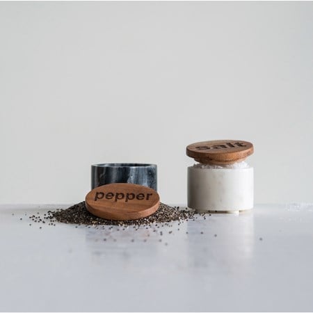 White & Black Round Marble Salt & Pepper Pot w/ Wood Lid