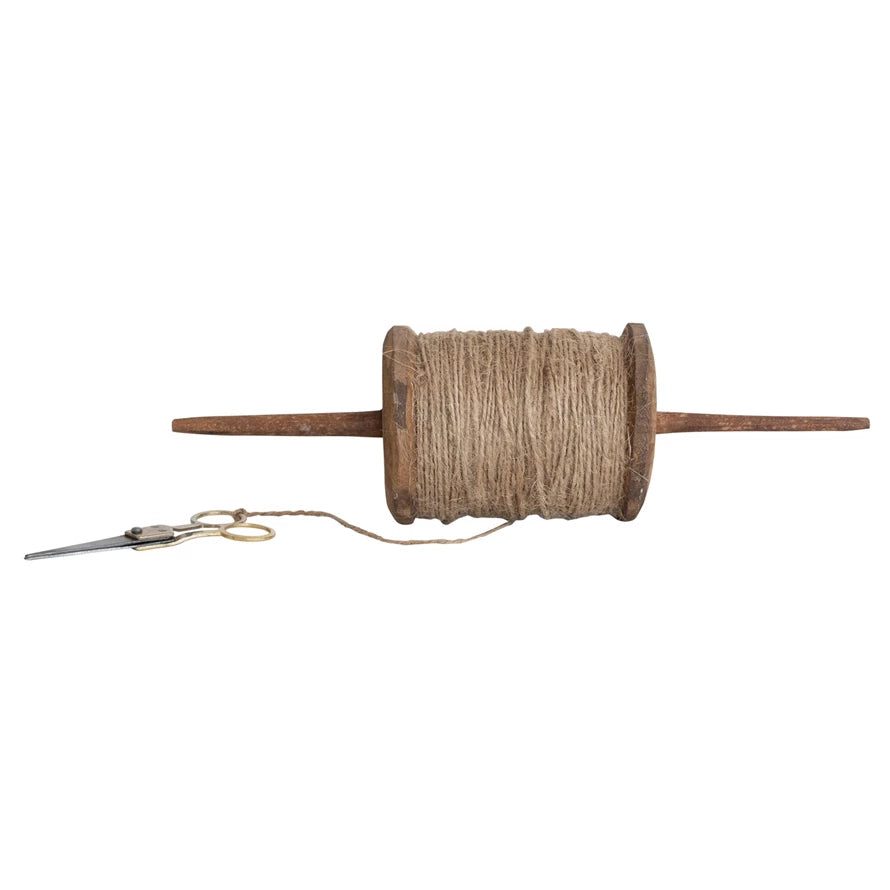 Reclaimed Wood Spool w/ Scissors, Natural & Brass Finish, Set of 2