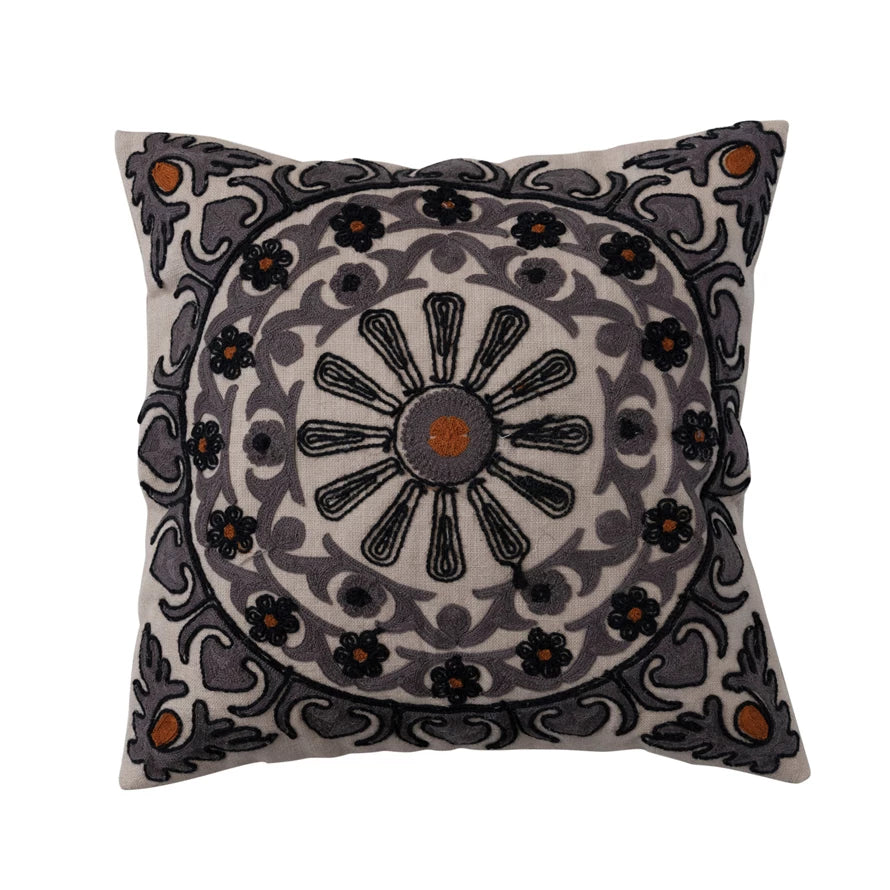 Cotton Slub Pillow w/ Suzani Embroidery & Chambray Back, Polyester Fill