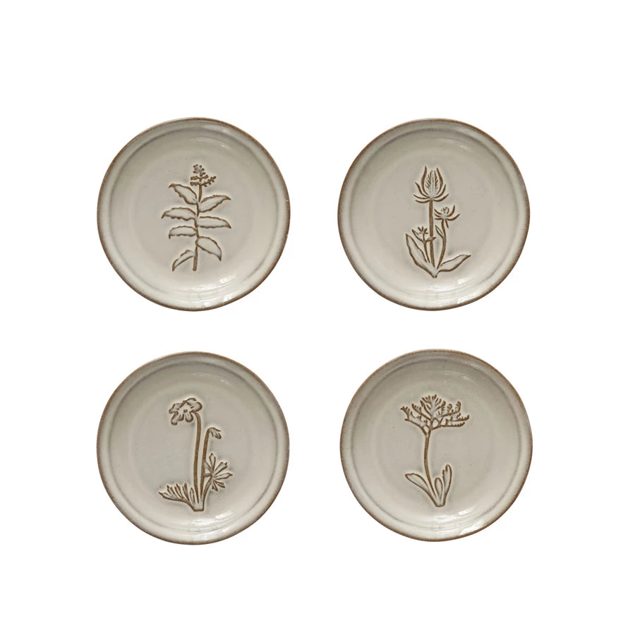 Embossed Stoneware Dish w/ Flower, 4 Styles