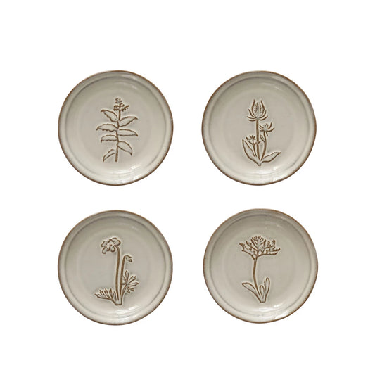 Embossed Stoneware Dish w/ Flower, 4 Styles