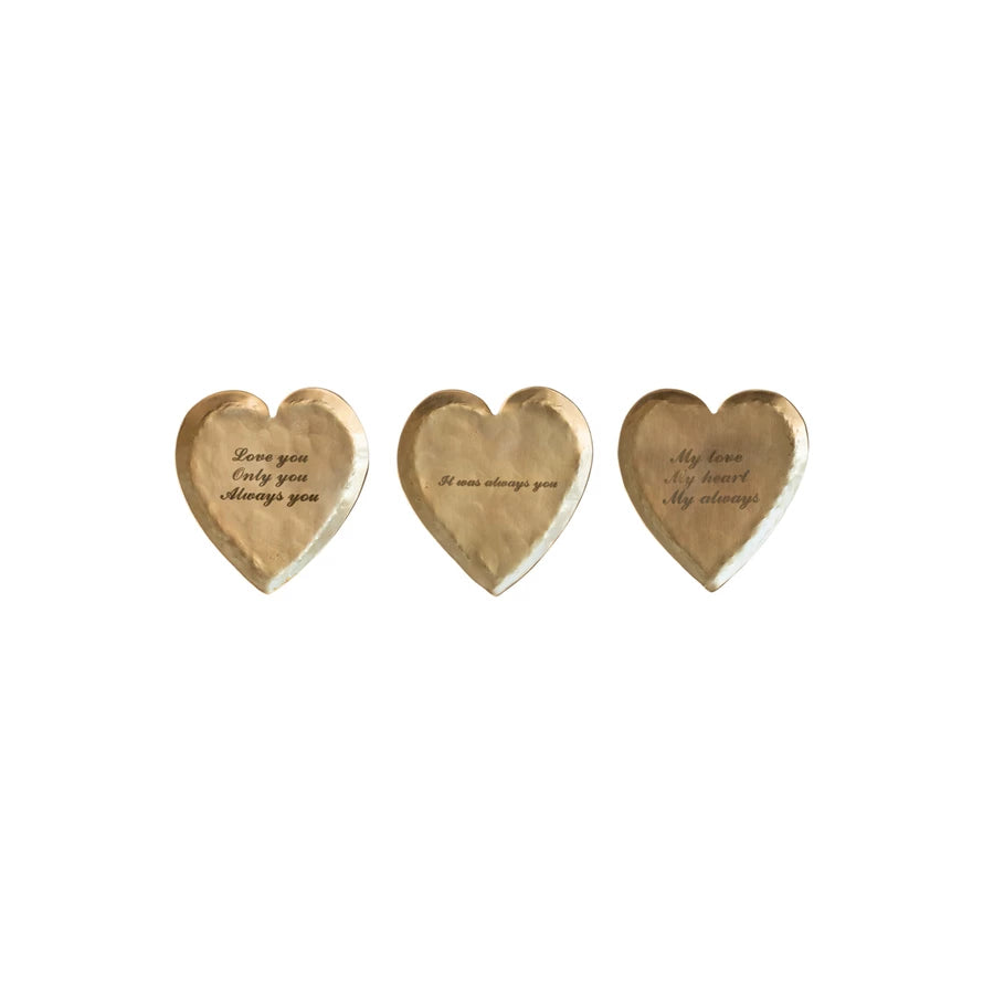 Decorative Hammered Brass Heart Shaped Dish w/ Laser Etched Saying, 3 Styles