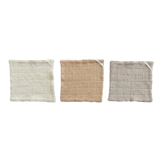 Quilted Cotton Terry Wash Cloth w/ Loop, 3 Colors