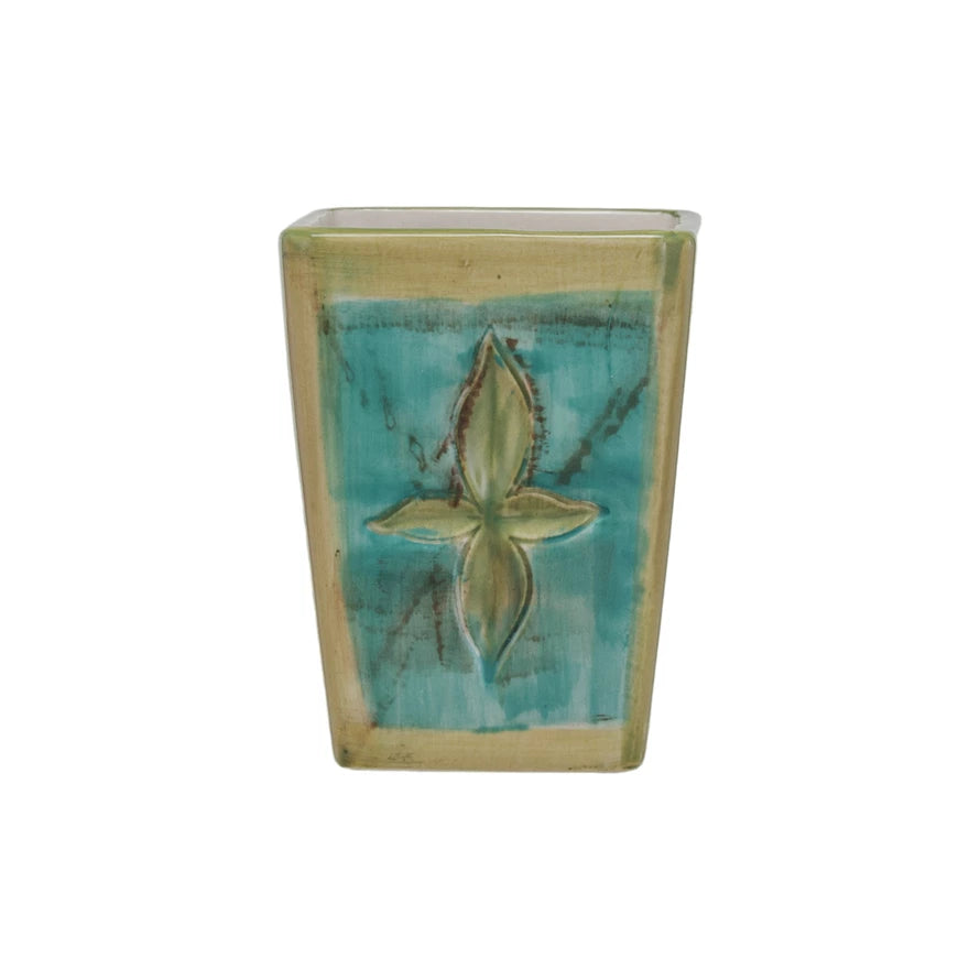 Hand-Painted Stoneware Vase, Green & Blue