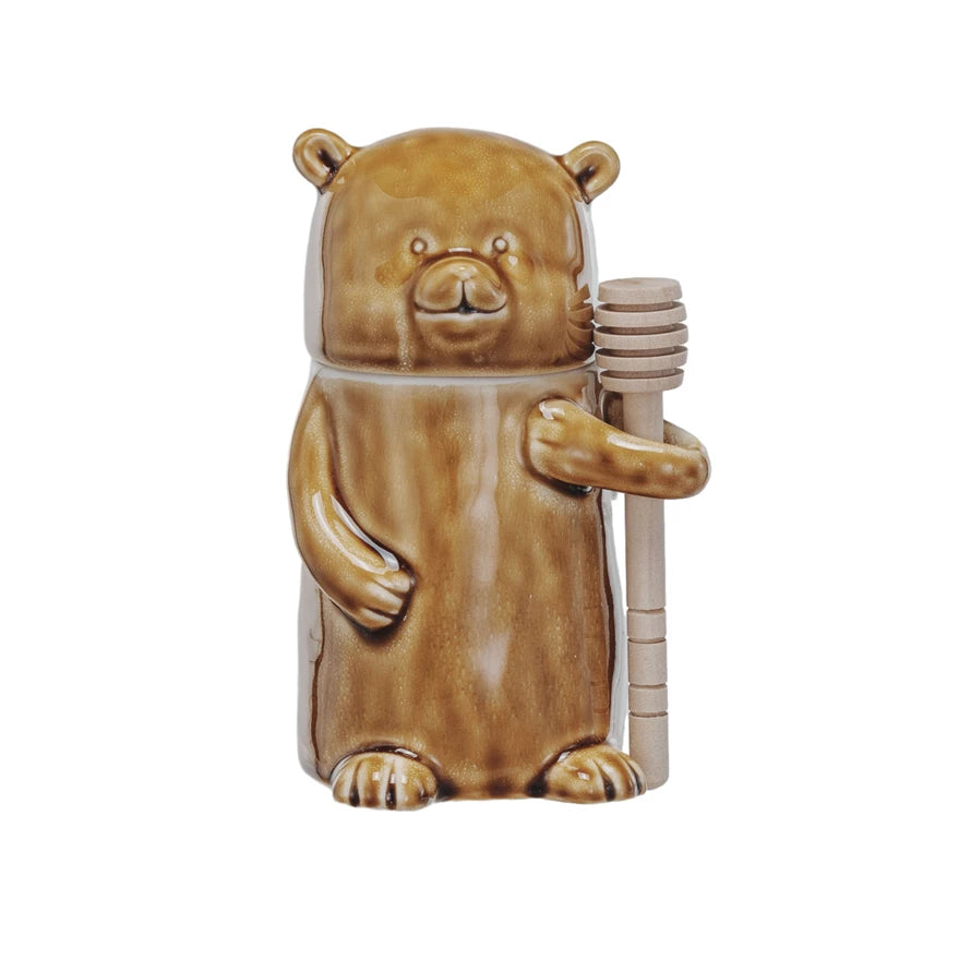 Stoneware Honey Jar w/ Wood Honey Dipper, Set of 2 (Each One Will Vary)