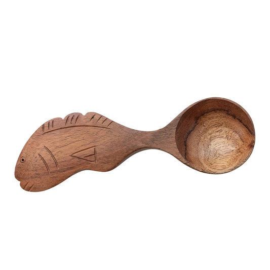 Carved Mango Wood Spoon with Fish Shaped Handle, Natural