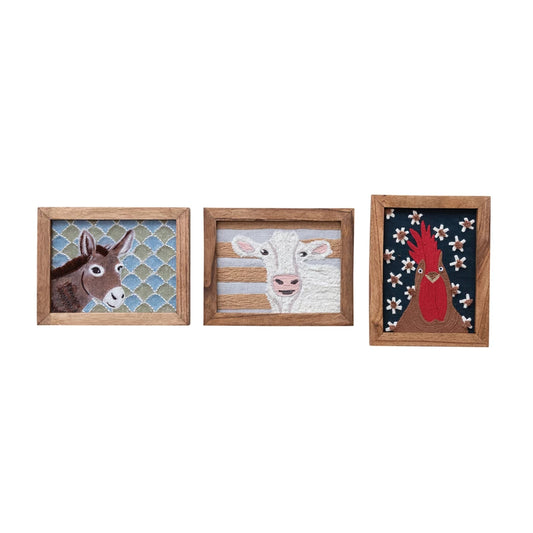 Wood Framed Cotton Embroidered Wall Décor, 3 Styles