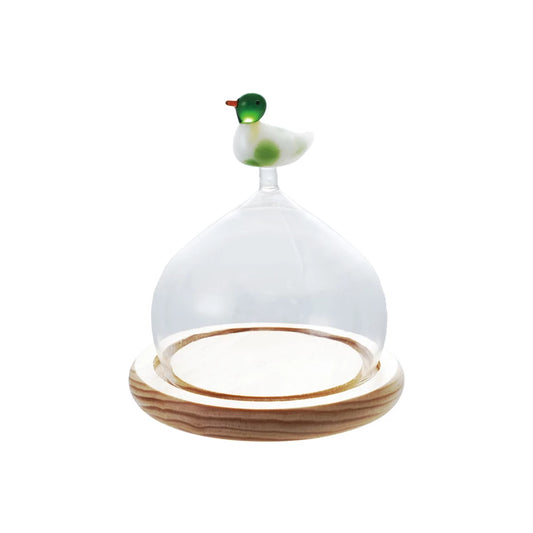 Glass Cloche with Wood Base & Hand-Blown Duck Finial