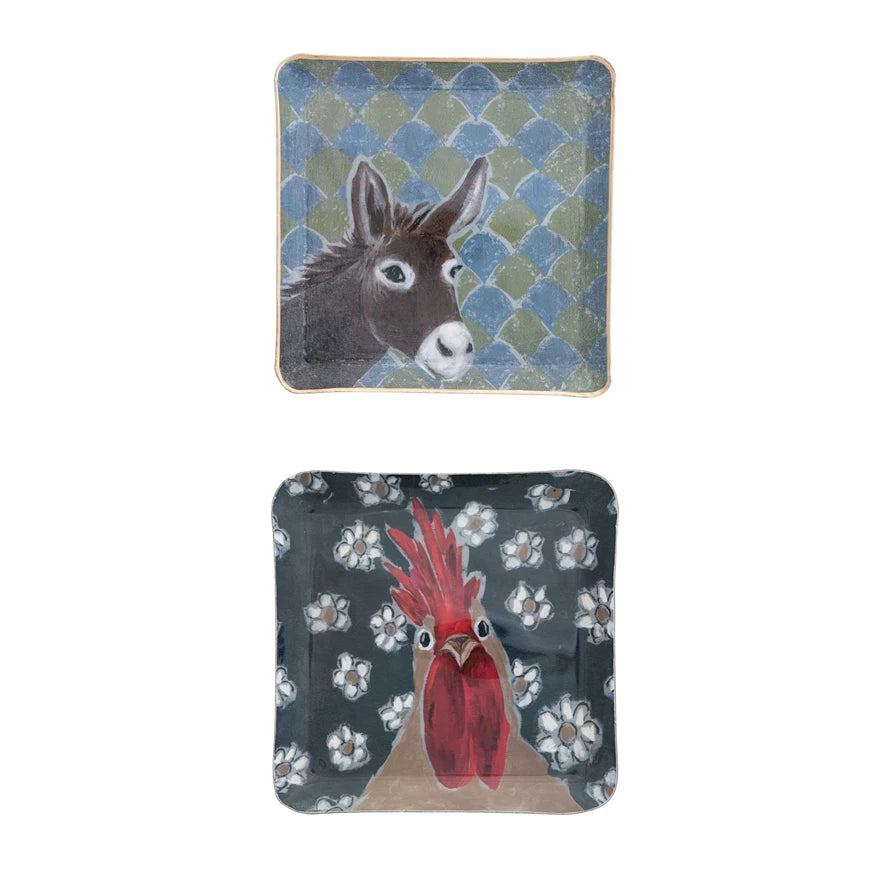 Enameled Metal Tray with Animal Image & Gold Edge