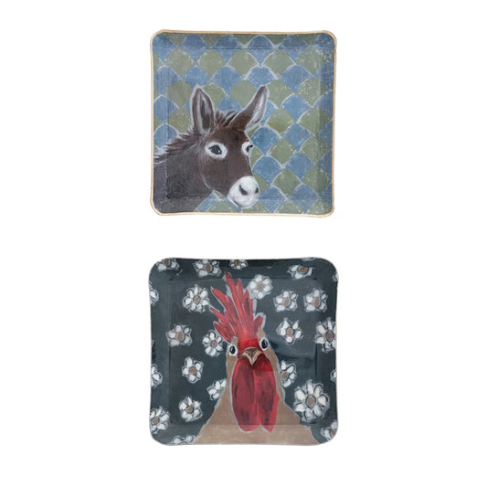 Enameled Metal Tray with Animal Image & Gold Edge